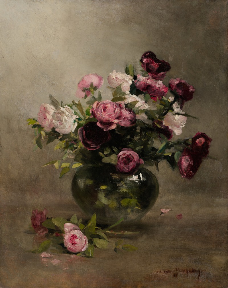 painting of white, pink, and magenta roses in a clear vase